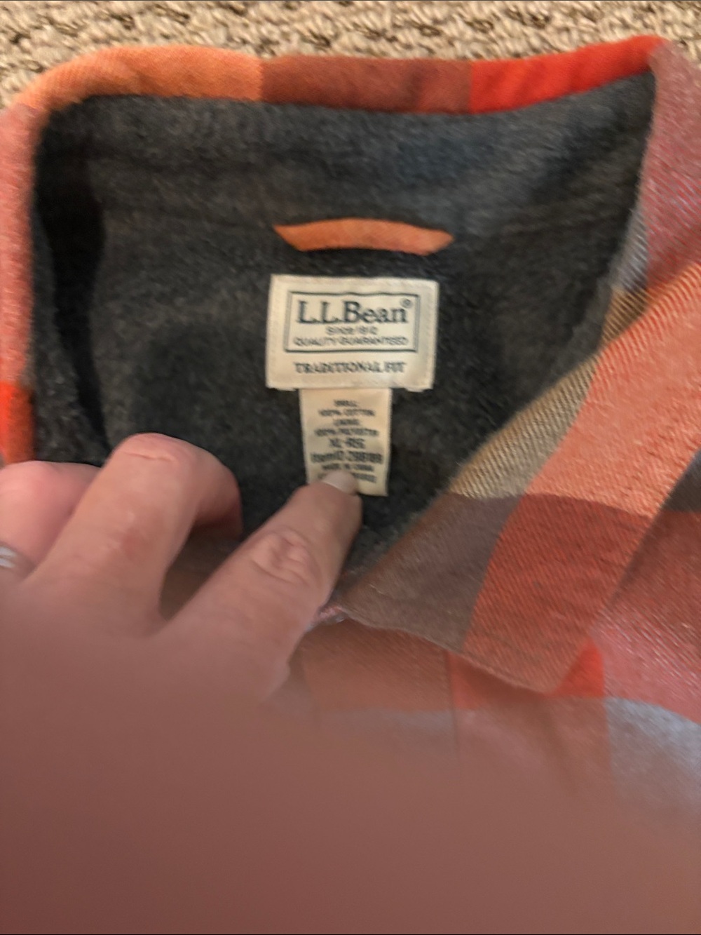 L.L. Bean Men’s Fleece Lined Orange Plaid Shirt Jacket with Dark Fleece Lining